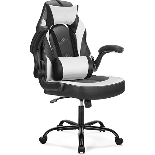 DUMOS Ergonomic Gaming Office Desk Chair with Flip-up Armrests for Adults, Height Adjustable PU Leather Video Game Computer Chair with 360° Rolling Wheels for Home and Office, Black White