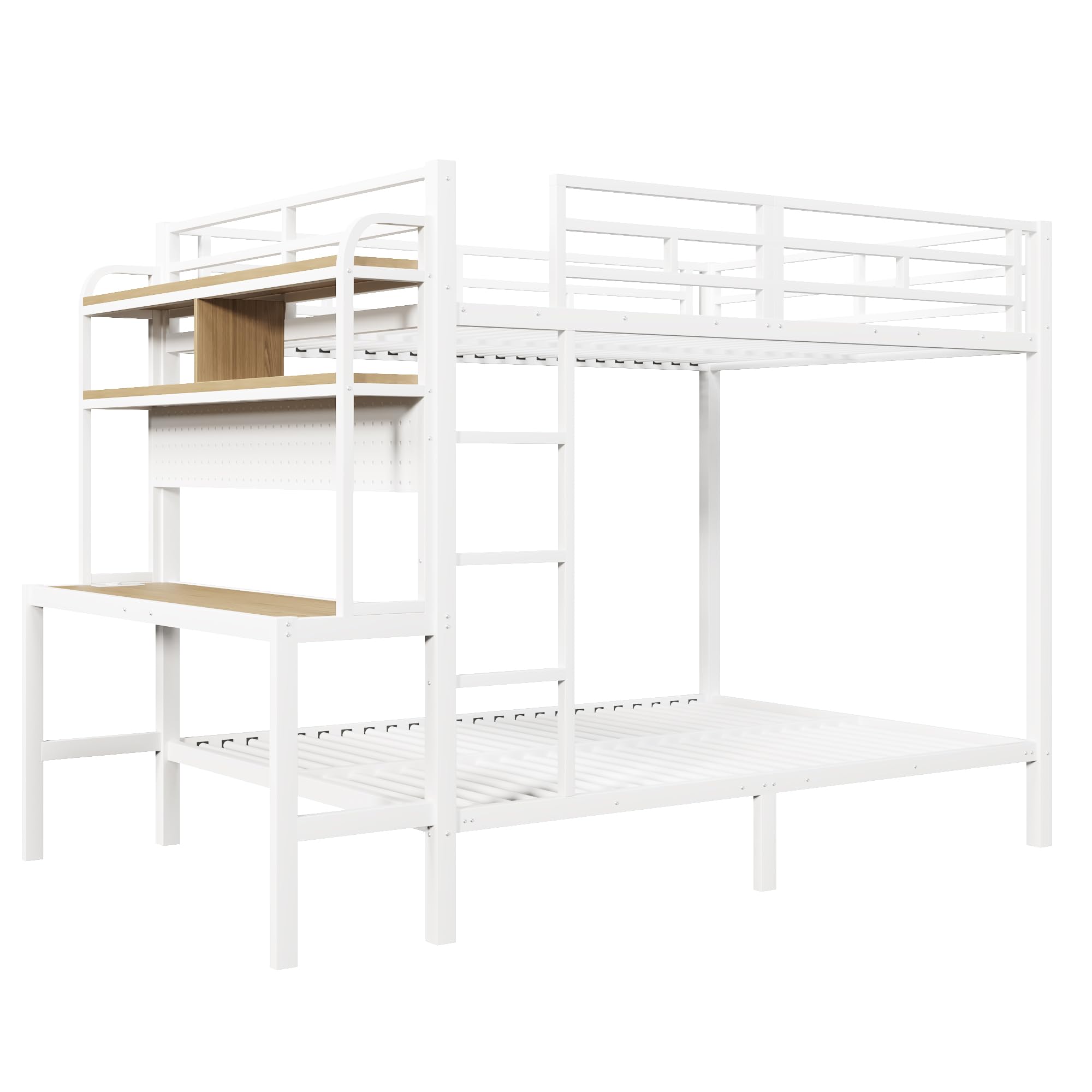 Azkoeesy Letto a Castello Gaming 140x200 cm in Metallo con Scrivania e Mensole, Luce LED, Prese USB ed Elettriche, Matrimoniale per Adolescenti e Adulti, Struttura Resistente e Durevole, Bianco