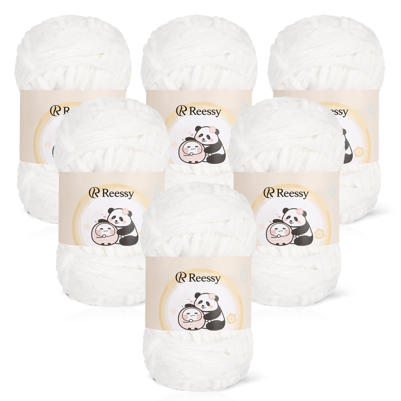 Reessy Chenille Yarn 600g(6×100g), Super Soft Fluffy Velvet Yarn Set, Thick Wool White Yarns for Knitting and Crochet Amigurumi, Handbag, Blankets, DIY(White)