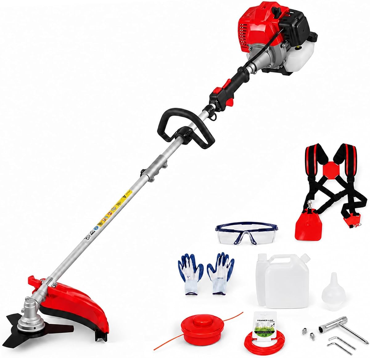 Recortadora de hilo a gas de 52 cc, desbrozadora de 2 ciclos con mango en U (rojo) | Salida de 2,2 KW, 8500 rpm; Hoja de 3 dientes más cabezal de corte; correa y soporte antivibraciones; equipo de seguridad incluido