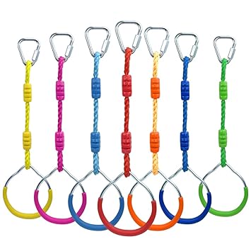 7 Colorful Ninja Rings Kit for Kids Adult, Playground Training Equipment Gymnastic Rings Fitness Fist Jungle Gym Rings, American Ninja Warrior Obstacle Course Accessories Backyard Swing Monkey Bars