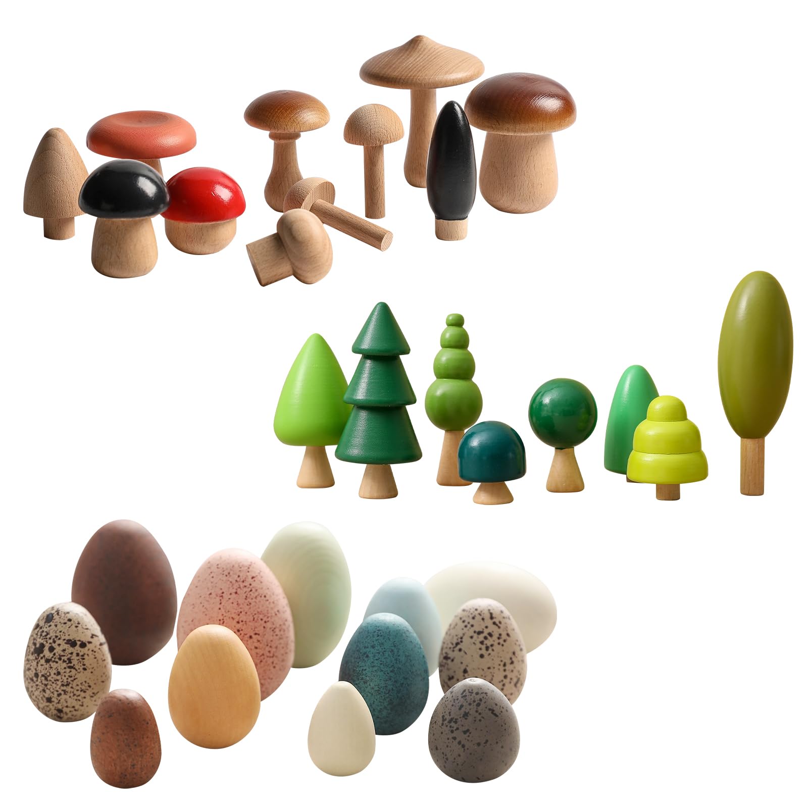 OESSUF Easter Eggs Wooden Fake Play Eggs Mushrooms Trees for Toddlers Pretend Wood Decor for Play Kitchen Artificial Decorative Eggs for Crafts Toy Food