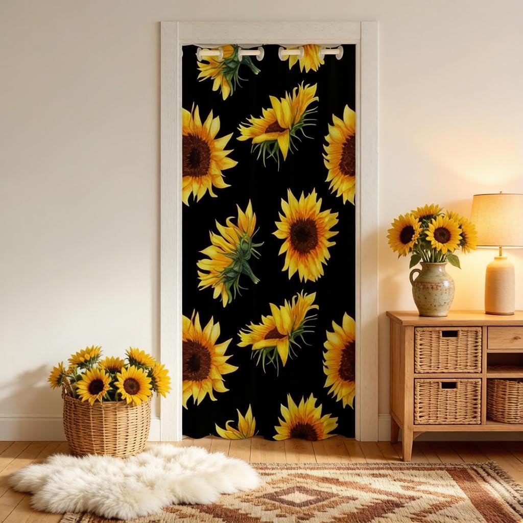 Loussiesd Sunflower Door Curtain for Doorway Privacy 106x203cm 1 Panel Yellow Flowers Pattern Closet Door Cover Curtain Floral Print Botanical Print Black 30%-50% Room Darkening Blackout Curtain