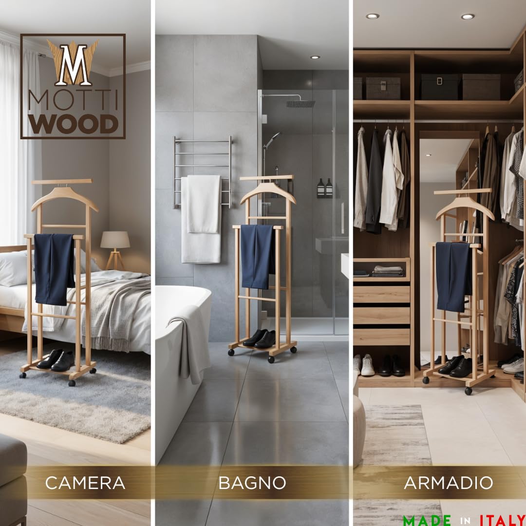 Mottiwood Indossatore Doppio con Appendi Pantalone, Appendiabiti Da Camera, 100% Legno Faggio, Servo Muto Doppio con 4 Ruote, Color Naturale, Made in Italy