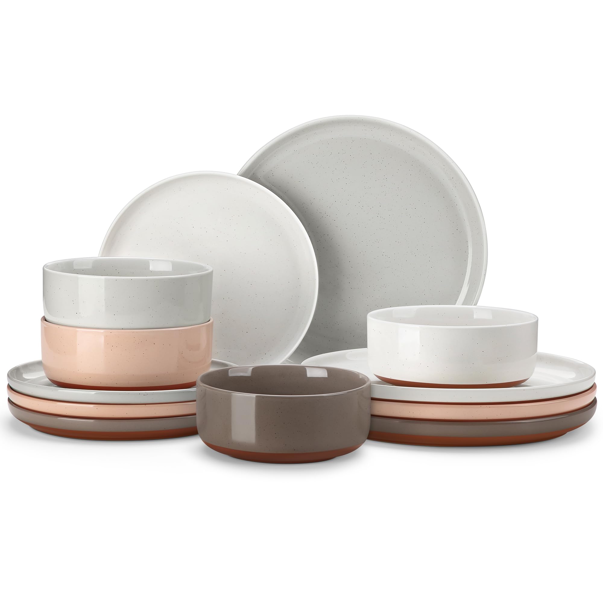 MALACASA Juego de platos y cuencos, juego de vajilla moderna de cerámica de 12 piezas para 4 platos de cocina, juego de vajilla de cerámica, apto para microondas y lavavajillas, multicolor, serie TARA
