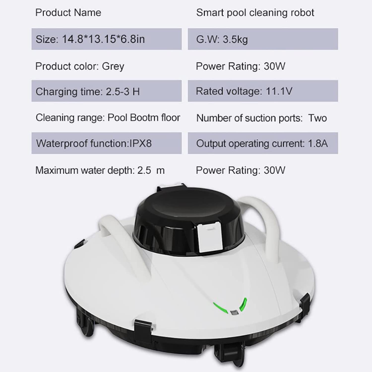 Sportowy robot czyszczący, automatyczny odkurzacz do basenu, automatyczny odkurzacz, bezprzewodowy robot do czyszczenia basenu, wskaźnik LED, ostatnie 90 minut, maksymalna głębokość wody wynosi 2,5