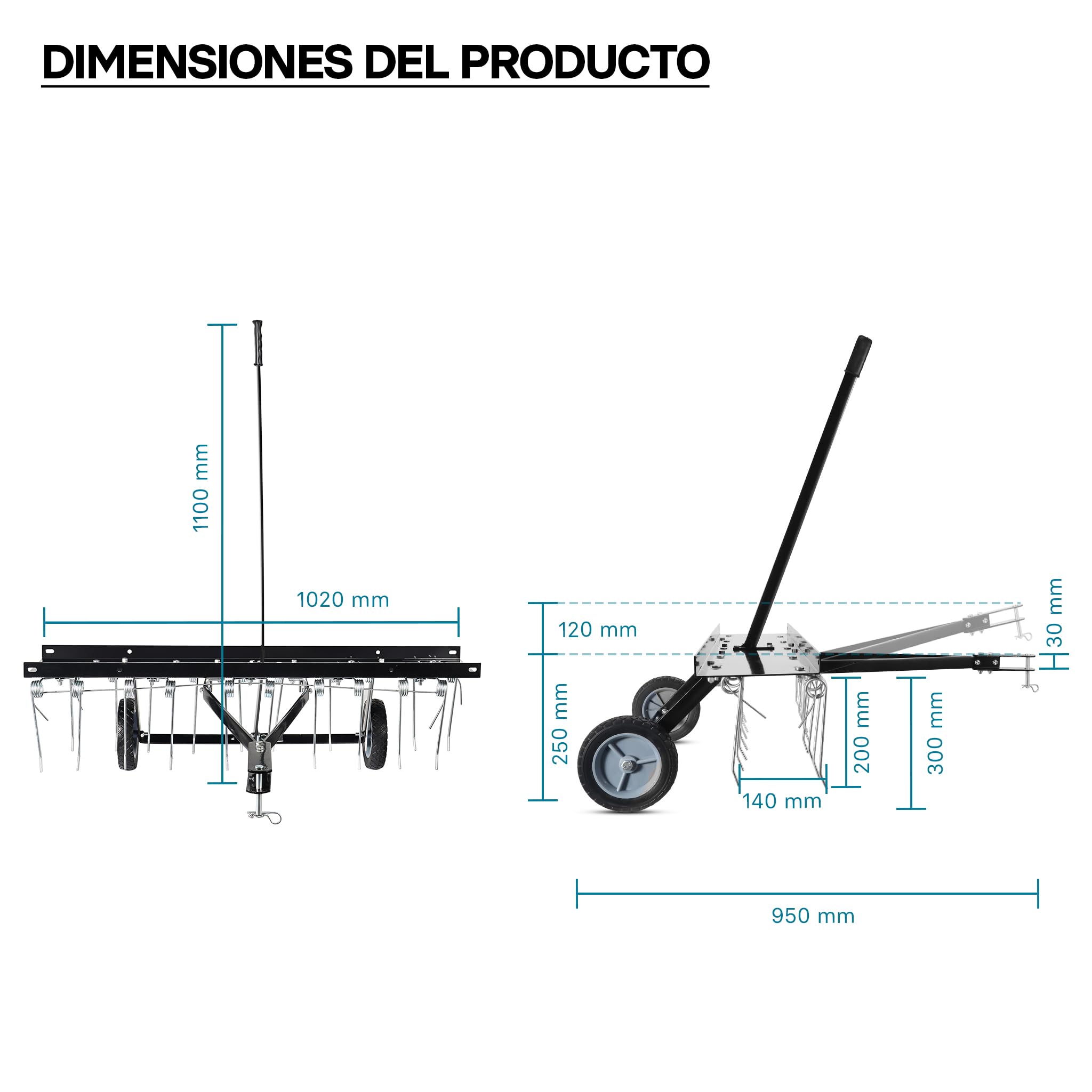 Wiltec Escarificador de césped 100 cm de ancho de trabajo muelles de acero 16,5 cm altura regulable 18 y 22 cm ruedas resistentes 15 Kg de peso aireador quita musgo rastrillo para tractor cortacésped