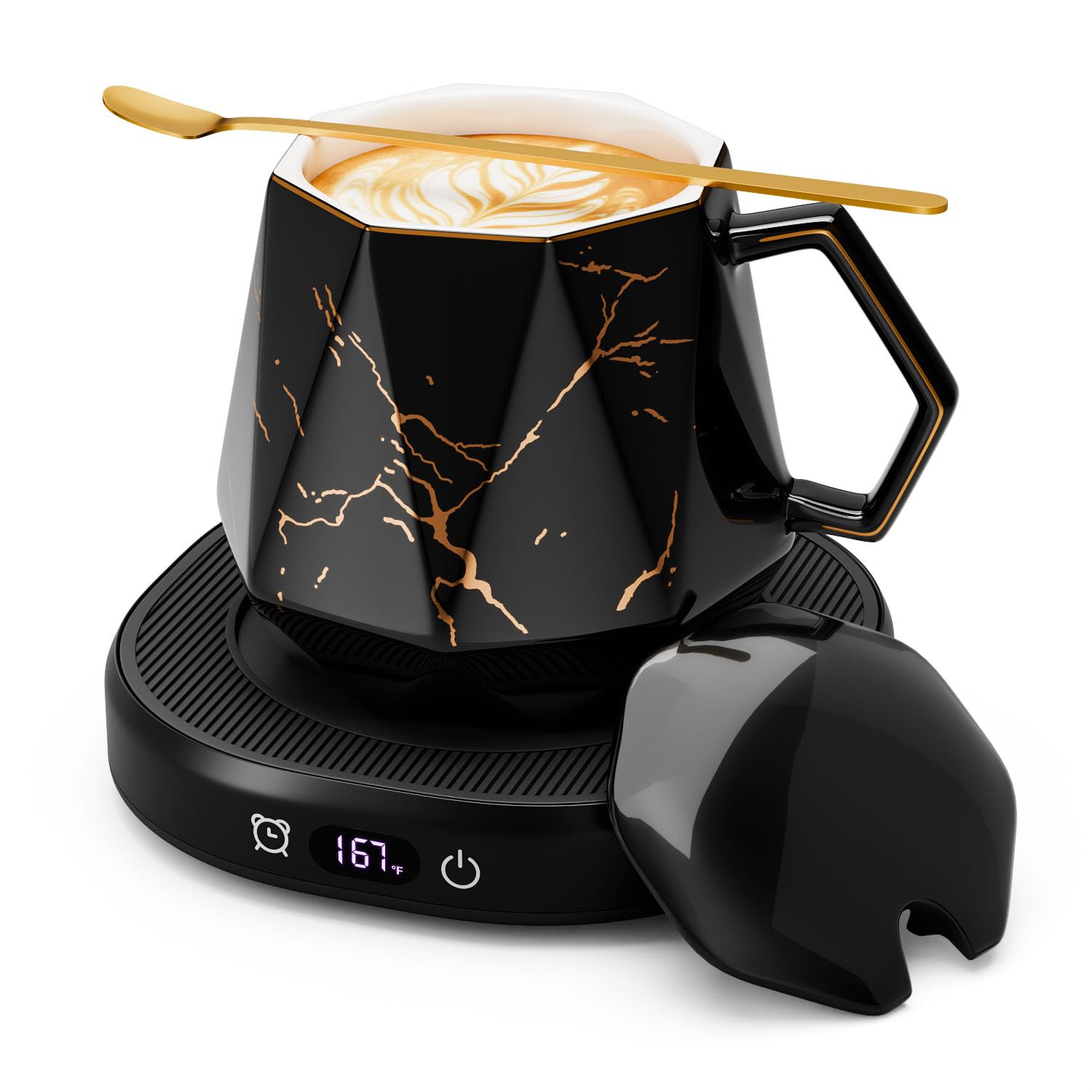 Calentador de tazas de café y juego único de tazas de mármol, calentador de tazas eléctrico inteligente para computadora y oficina, 4 controles de temperatura, calentador de bebidas de café, té y 8