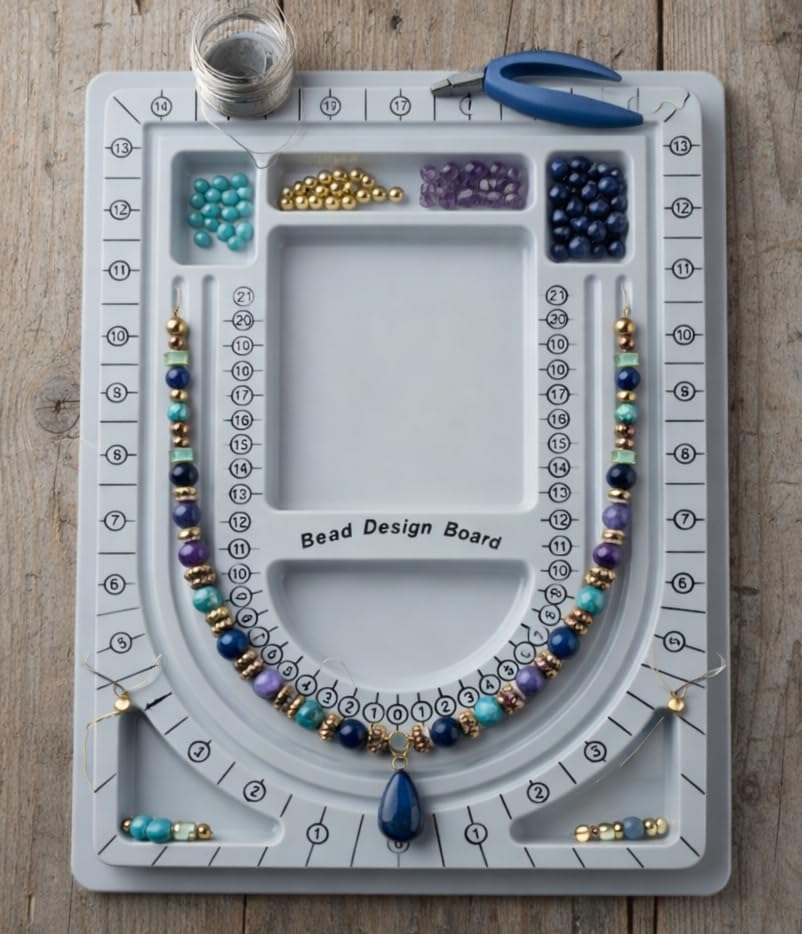 Image of Beadsnfashion Bead Design Beading Board Grey 2 Pcs Combo (6x9 & 9x13 Inch) for Jewellery Making, Bead Organizer Tray with Measuring Scale for Necklace Bracelet DIY Craft Tool