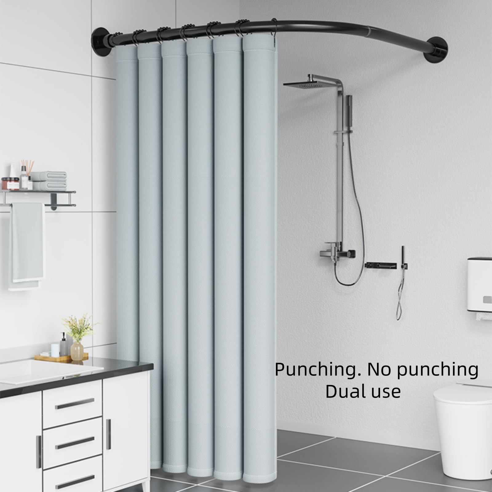 Tringle à rideau de douche sans perçage en forme de L, réglable en acier inoxydable, support de rail de rideau de douche adapté au dressing de salle de bain(75-95x75-95cm)