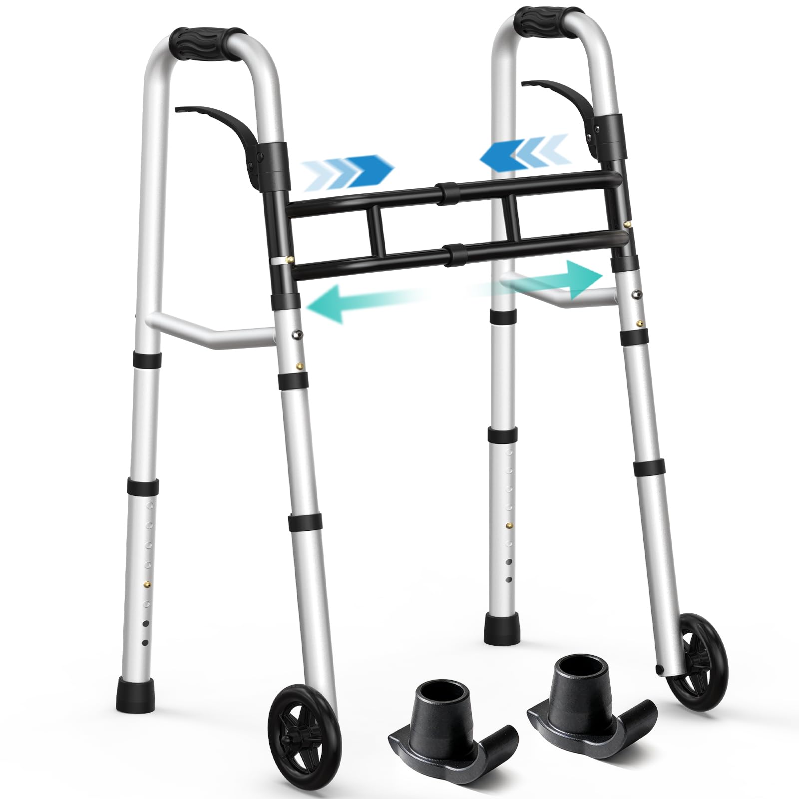 Photo 1 of HOMENURSE Narrow Walkers for Seniors, Folding Walker with Skis and 5" Wheels for Small Spaces, Adjustable Width & Height, Aluminum Lightweight Standard Rolling Walker, Support Up to 350lbs, Silver