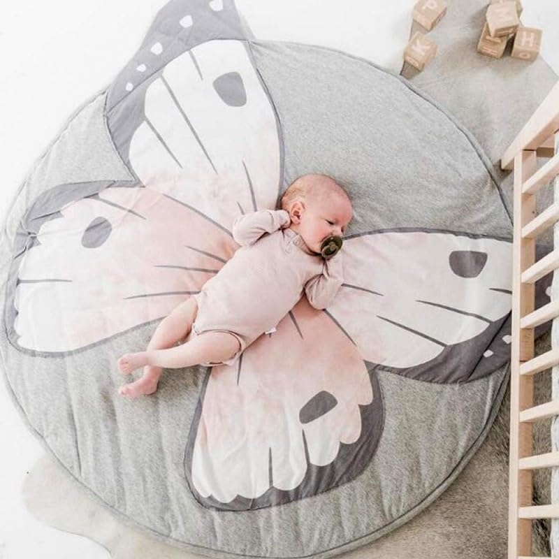 Poowe Butterfly Baby Round Play Pad Crawling Mat Butterfly Baby Blanket Butterfly Tummy Time Mat Rug for Kids Children Toddlers Bedroom