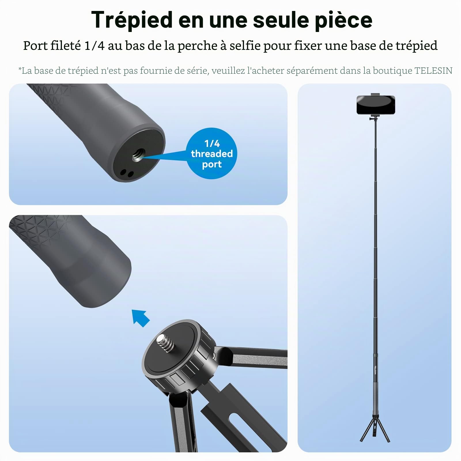 TELESIN 1,2 M Perche à Selfie en Fibre de Carbone pour GoPro/DJI/Insta360