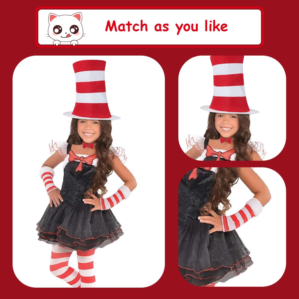 AUYAO Adult Child Halloween Crazy Cat Fancy Dress Costume 3 Pcs Set including White Gloves Red Bow Tie Red And White Striped Hat World Book Day Cat in the Hat Accessory - Image 4