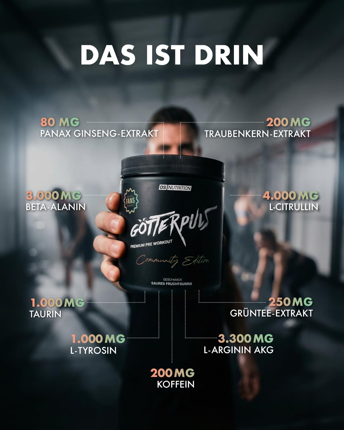 Götterpuls Pre Workout 400g COMMUNITY EDITION 2024 Saures Fruchtgummi | Mit L-Citrullin, Arginin AKG, Beta-Alanin & L-Tyrosin – 200mg Koffein – Für Fitness & Kraftsport – 25 Portionen