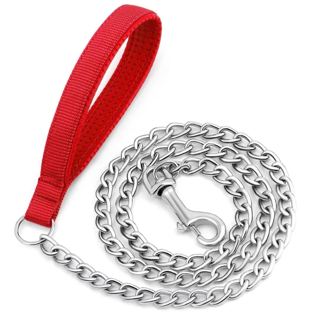 BeiruiHeavy Duty Metal Chain Dog Leash - Chew Proof Dog Leash with Soft Padded Handle Lead - Dog Chain Leash for Medium & Large Dogs,Red,6 FT x 3.0mm