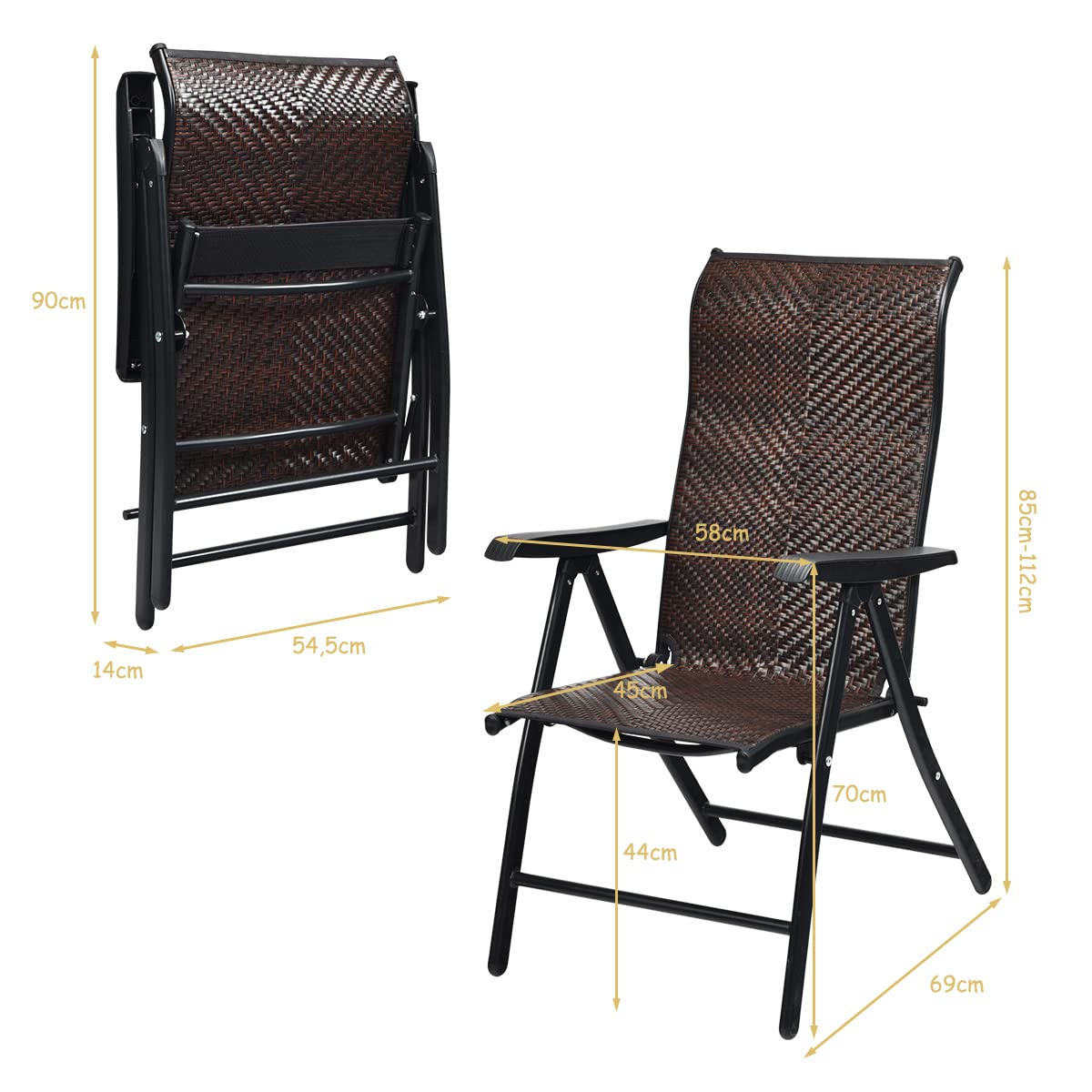 GIANTEX Set di 2 sedie da giardino in rattan con schienale regolabile, sedia pieghevole da giardino, sedia da pranzo, ergonomica, con braccioli, per giardino, balcone
