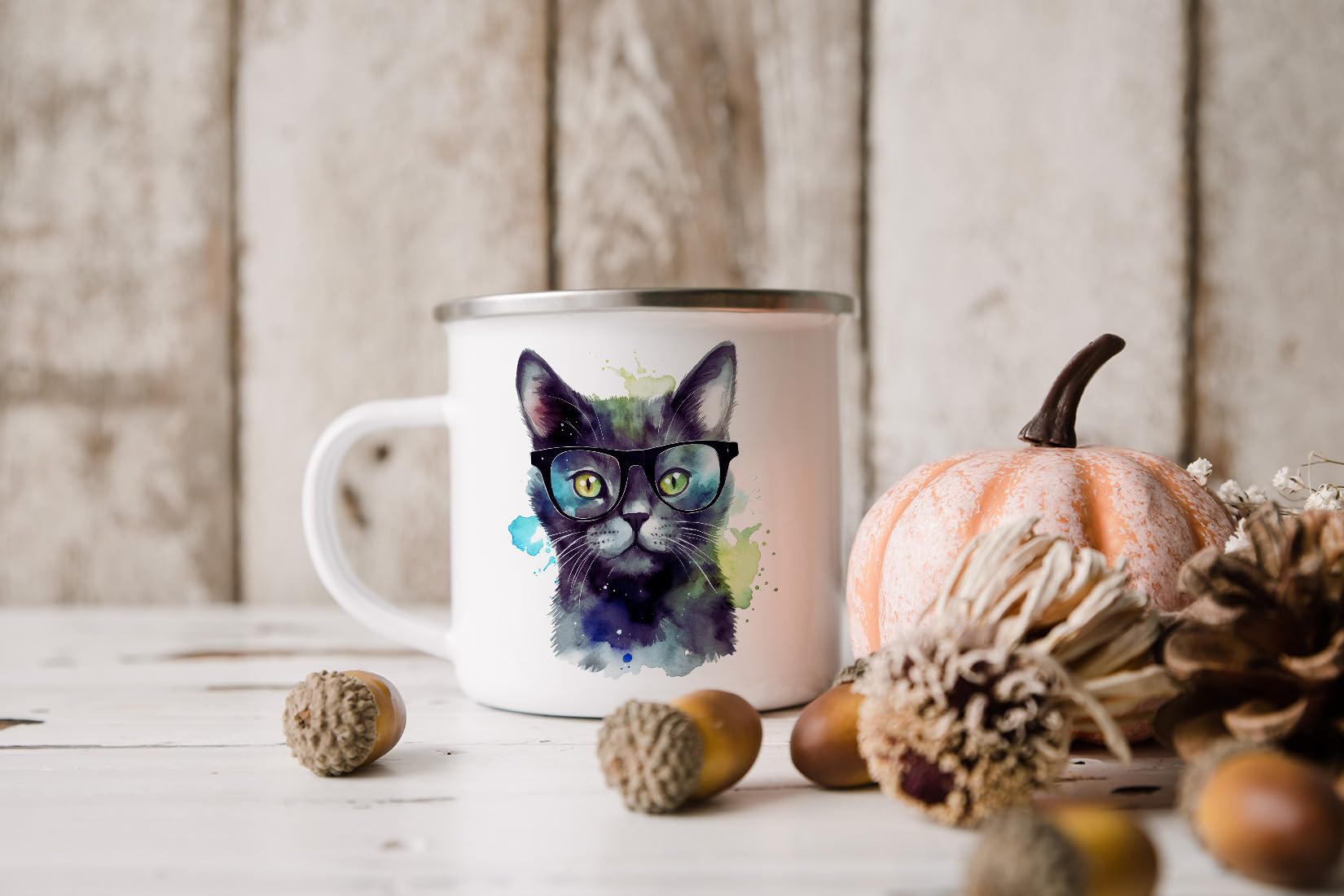 MAXIKIWI - Tazza da campeggio smaltata resistente per caffè o tè per uso interno ed esterno - Gatti in bicchieri acquerello - 350 ml