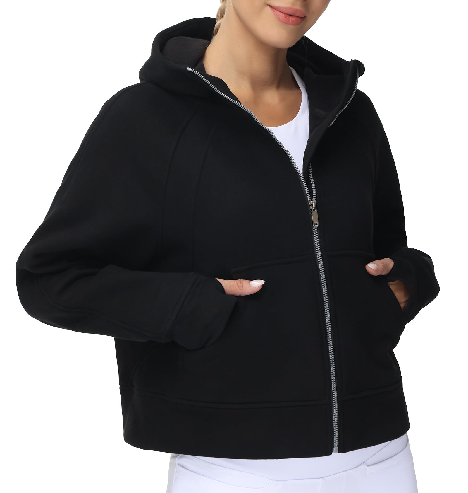 THE GYM PEOPLE Women's Full-Zip Up Hoodies Jacket Fleece Workout Crop Tops Sweatshirts with Pockets Thumb Hole