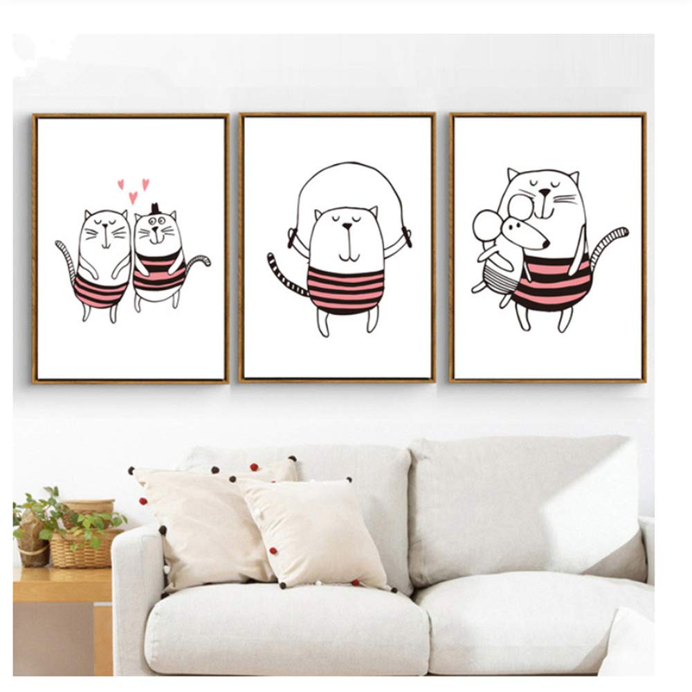 Impreso Lienzo Pintura Gatos Marco nórdico Carteles niños Dormitorio decoración Pared Arte Lienzo Cartel 40x60cm (15.7 "x23.6) x3 con Marco