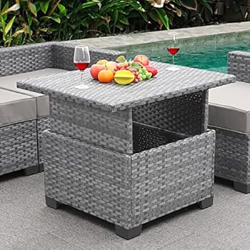 Alternative view of Outdoor PE Wicker Liftable Coffee Table - Patio Rattan Garden Furniture Multi-Functional Storage Tea Table, Silver Gray