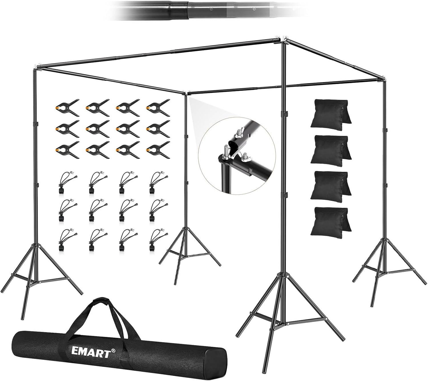 EMART Backdrop Stand, 10x10x7ft Square Large Adjustable Background Support System with 308° Angle Rotatable Connector, 12 Clamps, 4 Sandbag and Carry Bag for Paties, Wedding, Photography Studio, Video 10x10x7ft Black