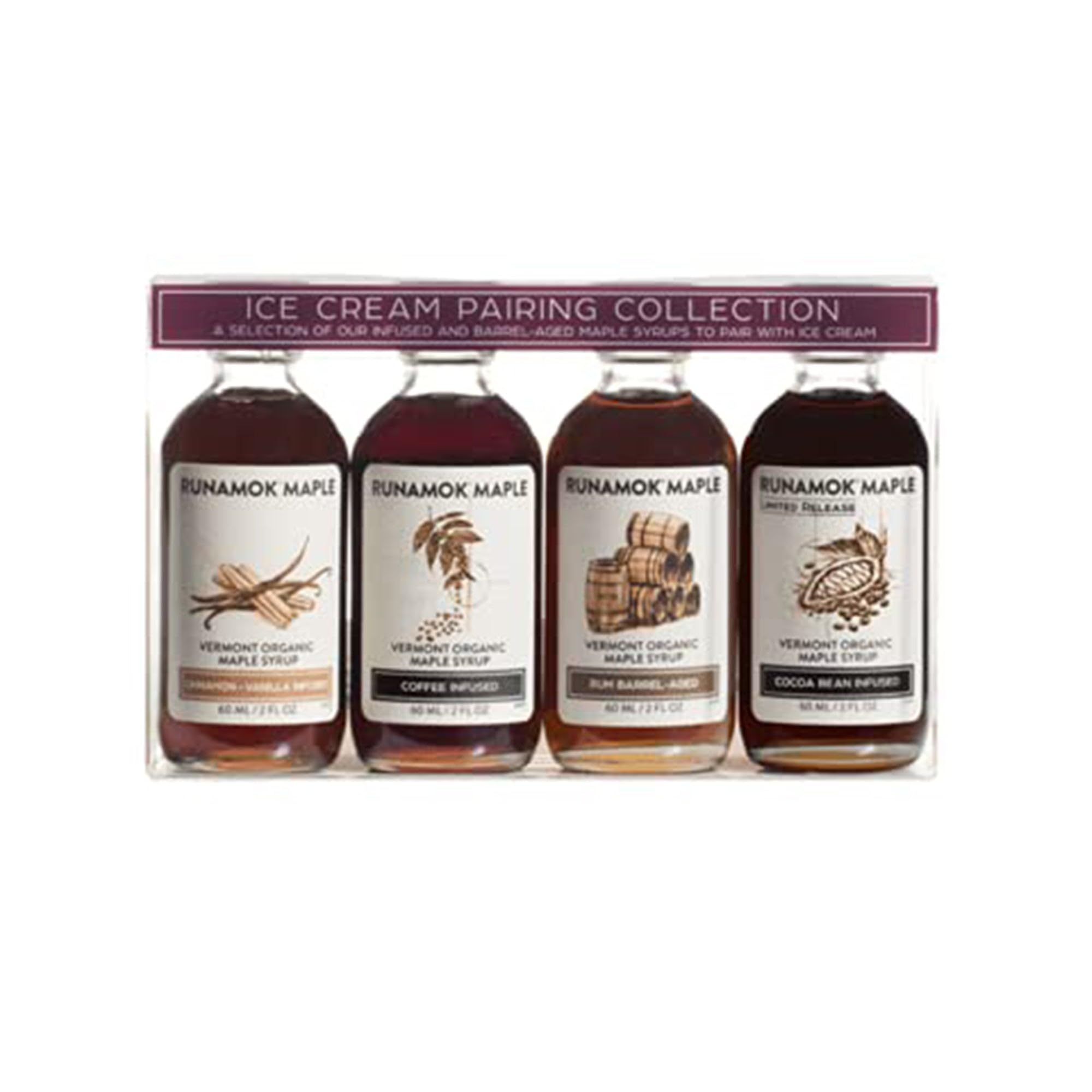 Organic Vermont Maple Syrup Sampler | Ice Cream Pairing Collection | 2 oz (4 count) | 60mL | Barrel-aged & Infused Organic Maple Syrup Varieties
