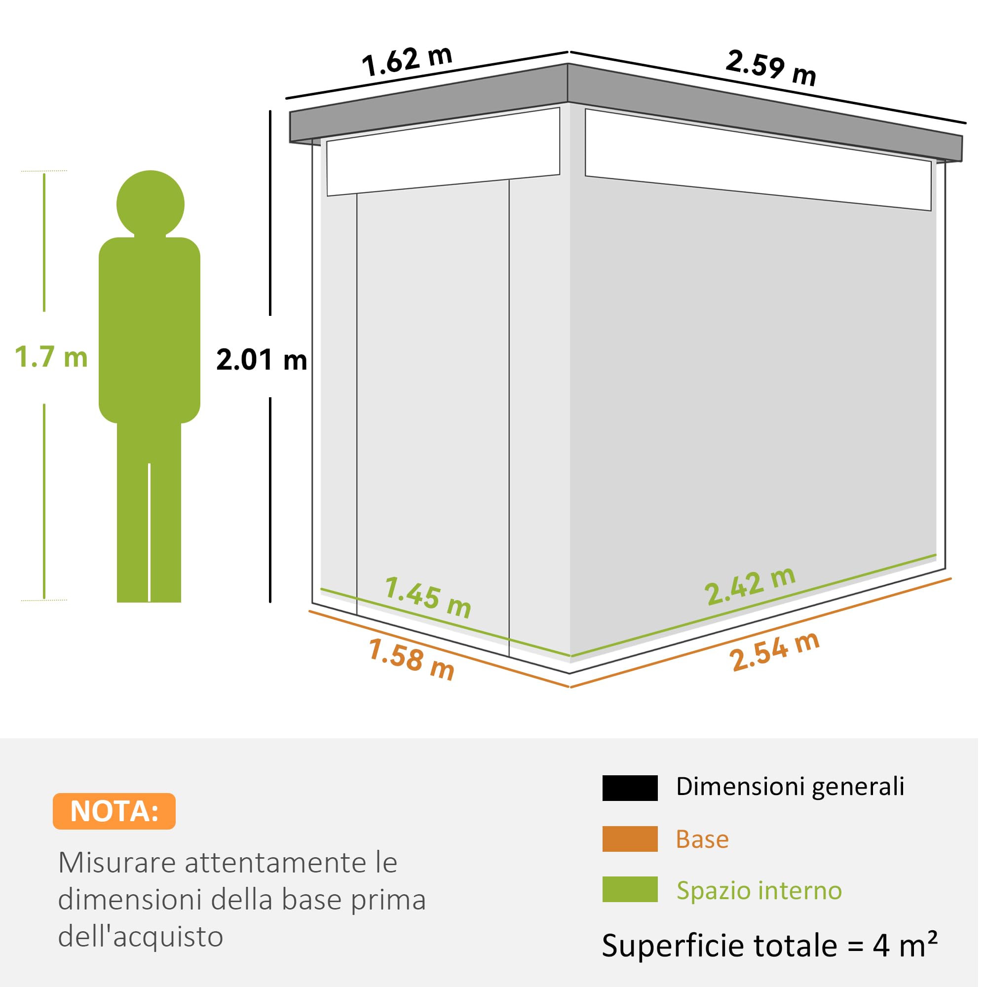 Outsunny Casetta da Giardino 4m² Acciaio Zincato con Fori di Drenaggio Finestre Trasparenti Acrilico Capanno Porta Attrezzi Tetto Grigio Scuro