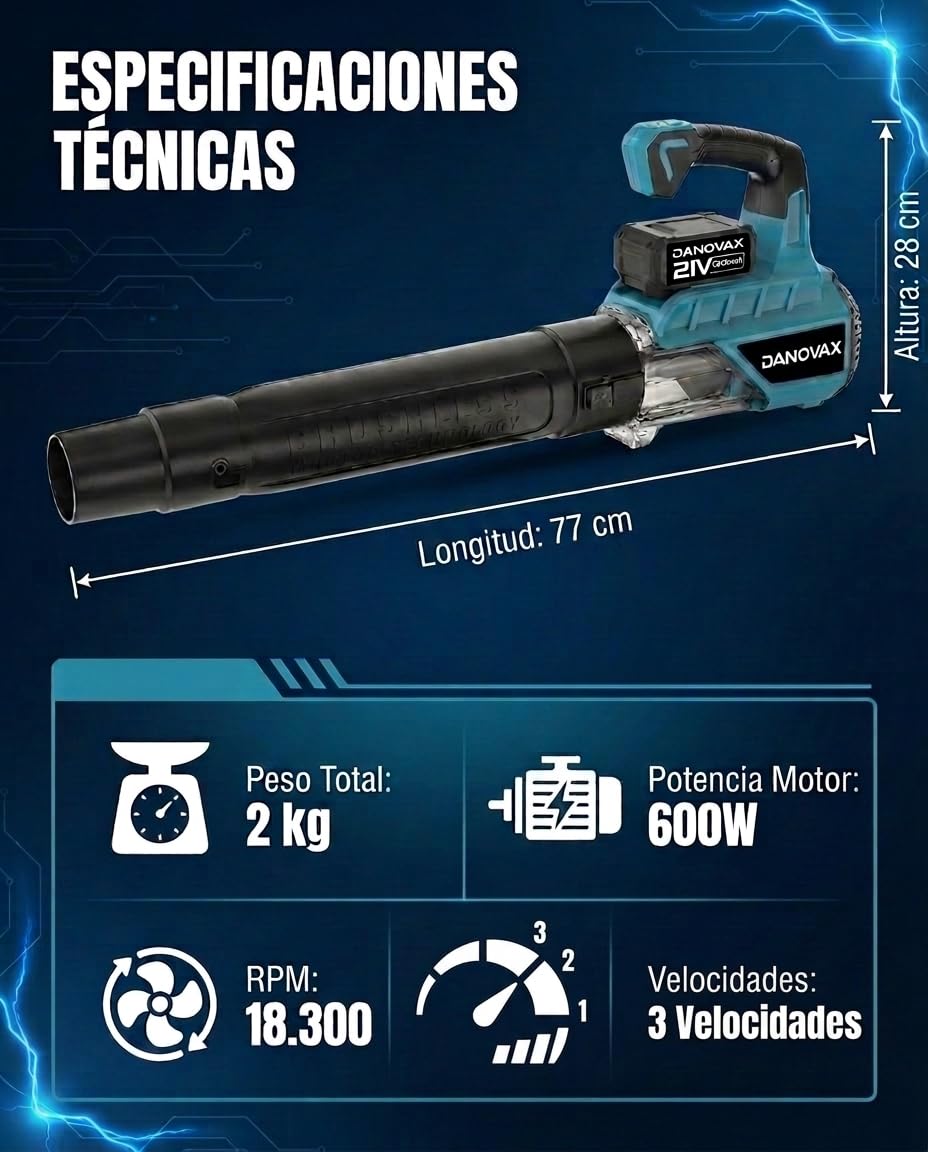 Soplador de Hojas - 2 Baterías 4Ah Incluidas - Motor Brushless - 3 Velocidades - Gran Potencia de Soplado hasta 260 km/h – Cargador con Base - Bolsa de Transporte y Guantes Incluidos