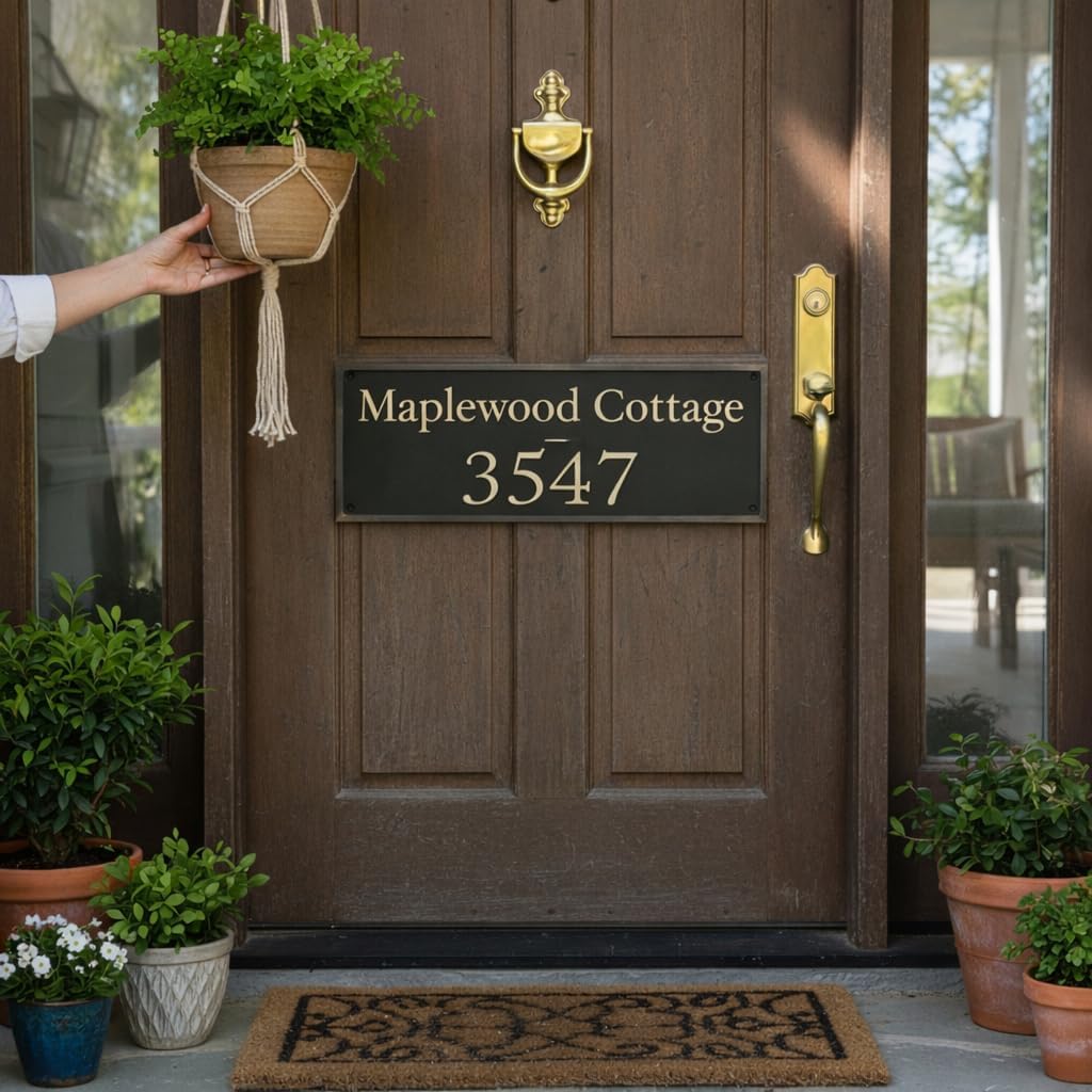 Personalized Black Address Plaque with Matte Brass Numbers – Custom House Number Sign for Front Door, Outdoor Wall or Entryway, Modern Home Address Plate (12"x25"Inches)