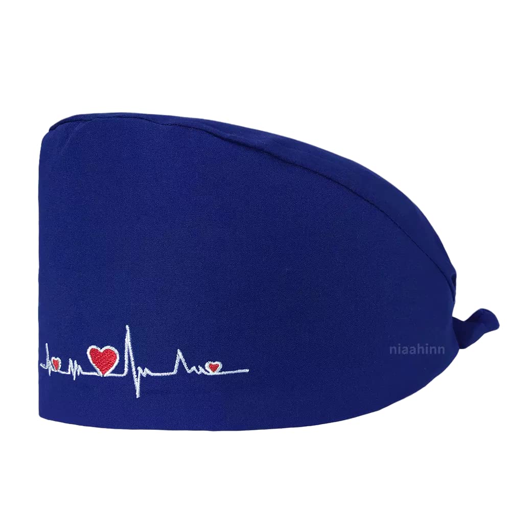 Niaahinn Adjustable Working Cap with Button &Sweetband,Tie Back scrub cap for Women men, One Size nurse scrub hats (Navy Blue)