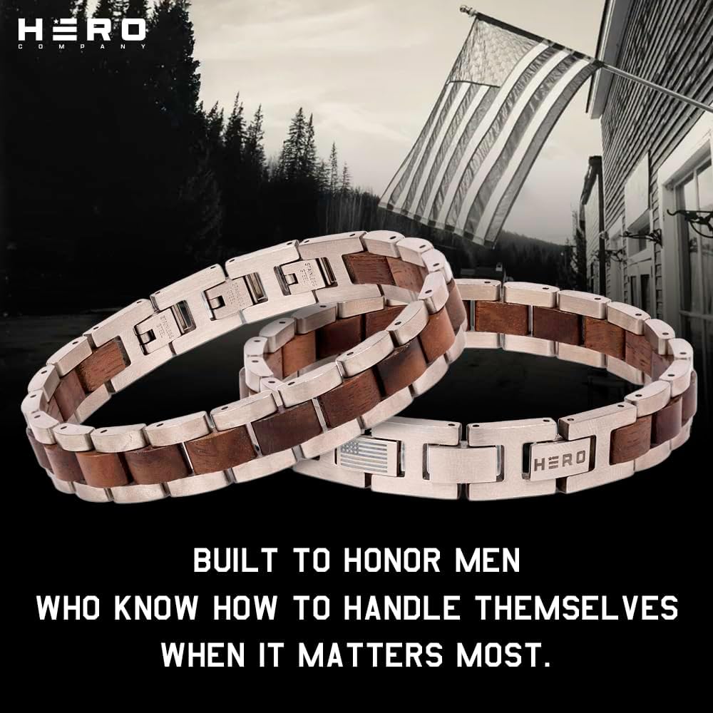 Hero Company Bowie Frontiersman Men’s Bracelet - Stainless Steel & Wood Link Bracelet for Men - Helps Pair Veterans with a Service Dog or Shelter Dog - Image 5