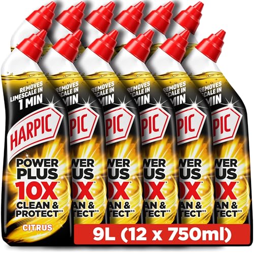 Harpic Power Plus Toilet Cleaning Gel, Citrus, 750ml (12 x 750ml, Total 9.0L), Removes Limescale in 1 minute, Powerful Deep Clean, Toilet Cleaner, Kills 99.9% of Bacteria