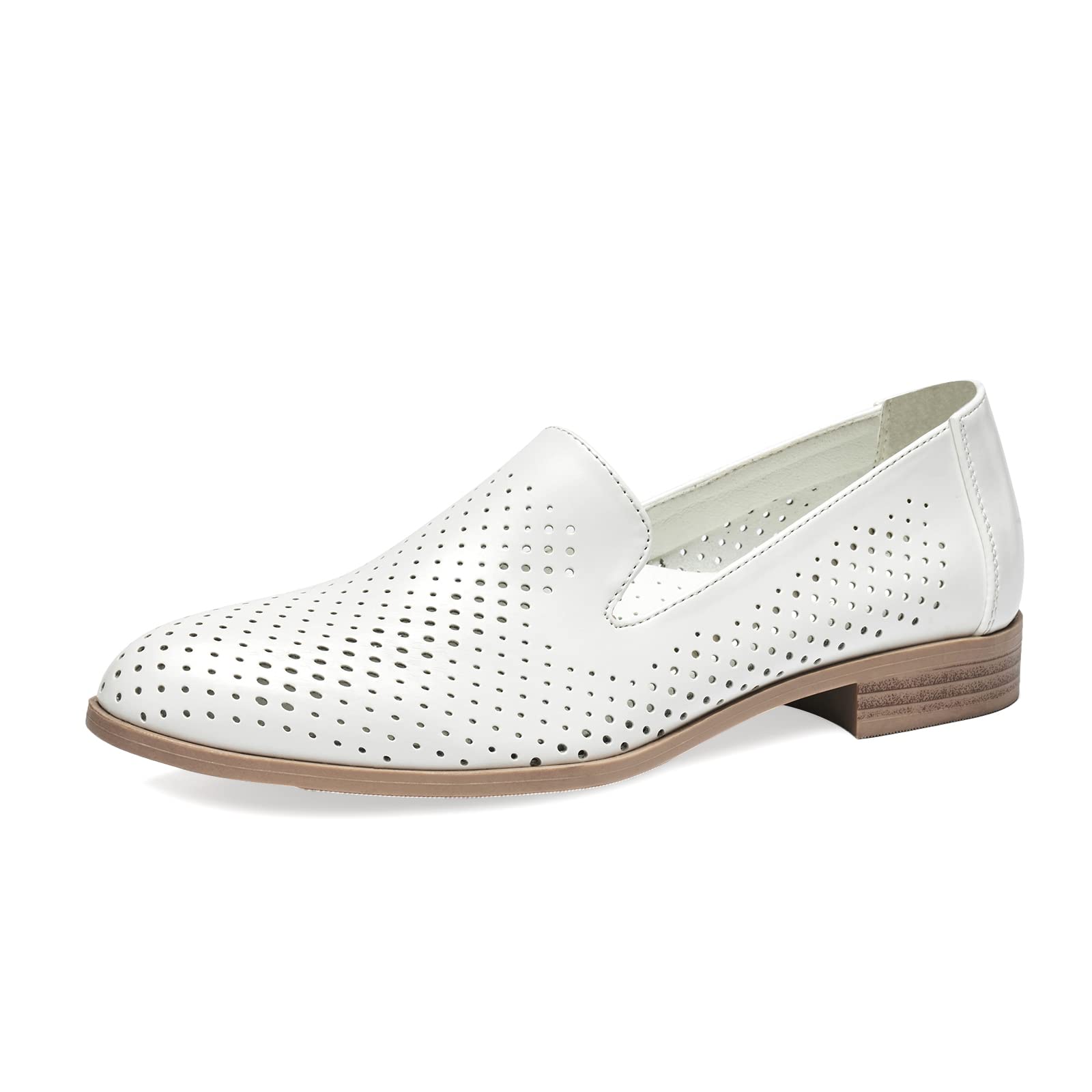 Women's Breathable Penny Loafers Low Block Heel Slip-on Shoes Pointed Toe Dress Flats with Hole