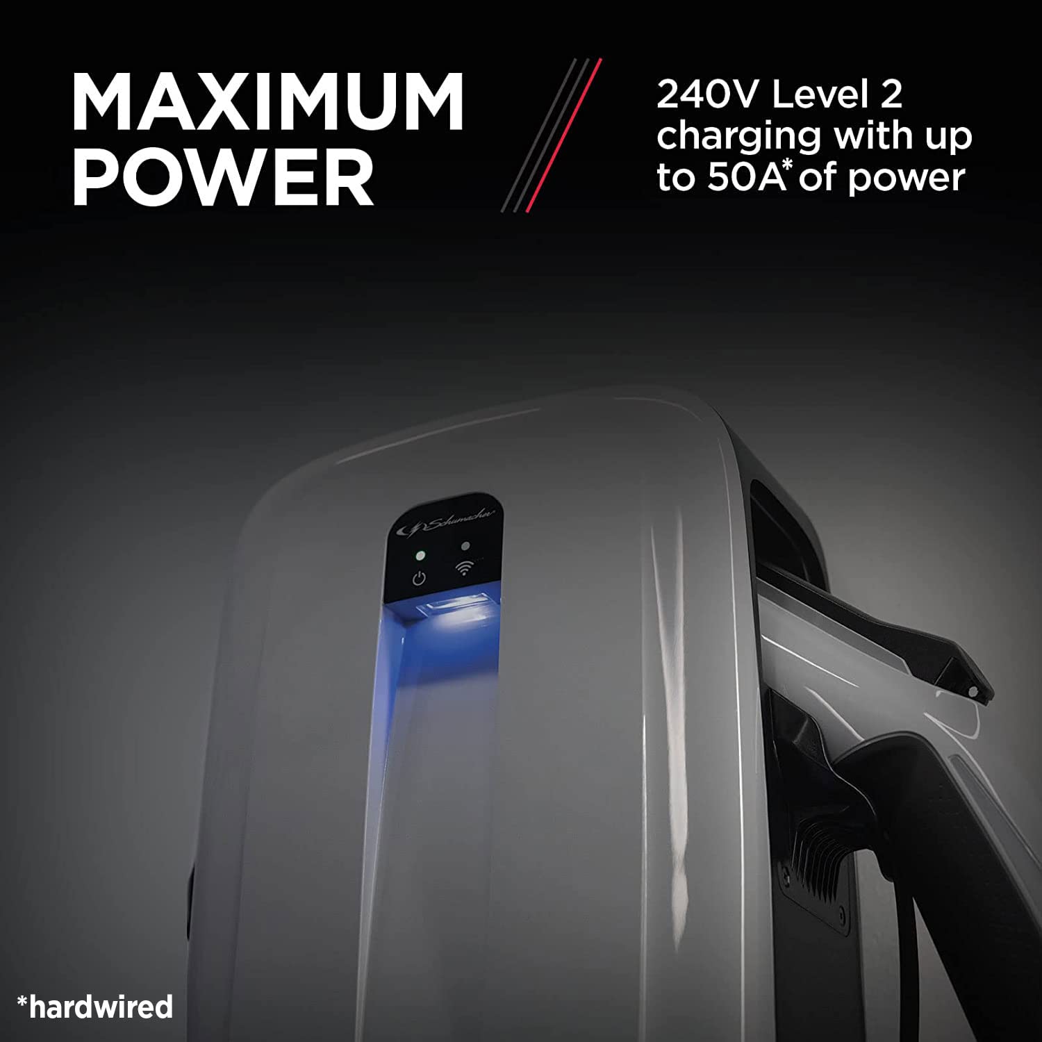 Schumacher SEV1600P1450 Level 2 Electric Vehicle (EV) Wall Charger, Up to 50A, 240V, NEMA 14-50 Plug or Hardwired, Wi-Fi/Bluetooth, 25-Foot Charging Cable, Indoor/Outdoor, 9X Faster Charging