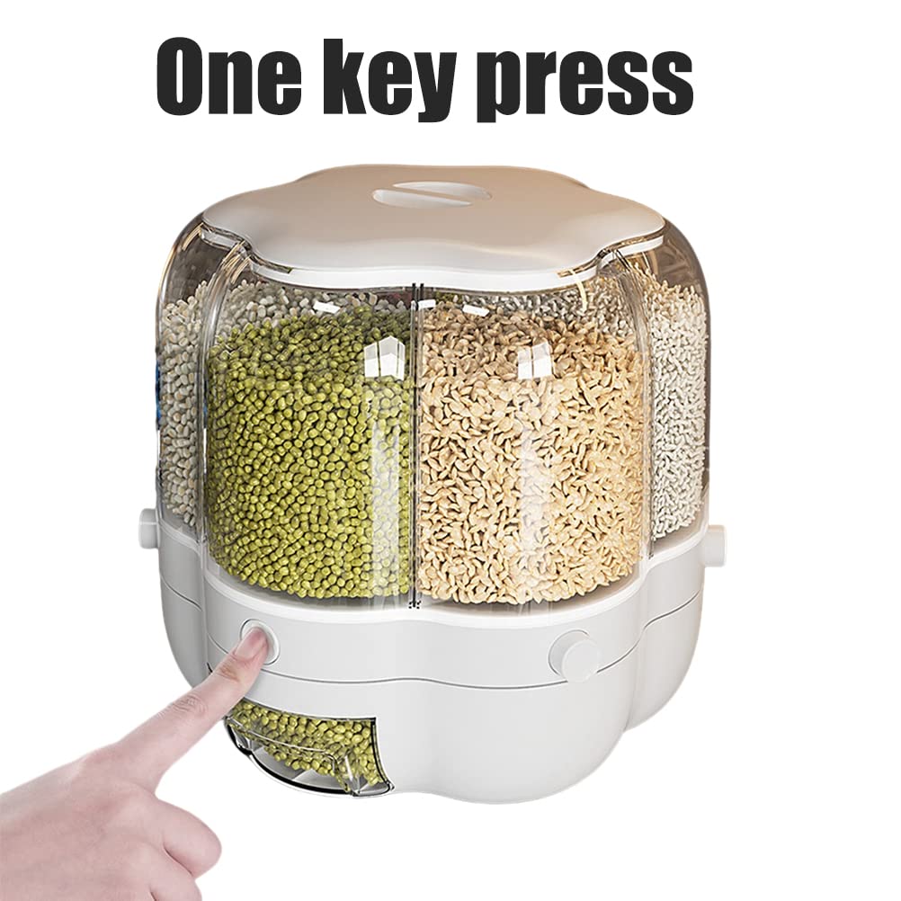 Dispensador de alimentos, Contenedor de almacenamiento de granos de alimentos, Dispensador de arroz giratorio de 6 rejillas de gran capacidad de 6.5L, Caja de almacenamiento de alimentos