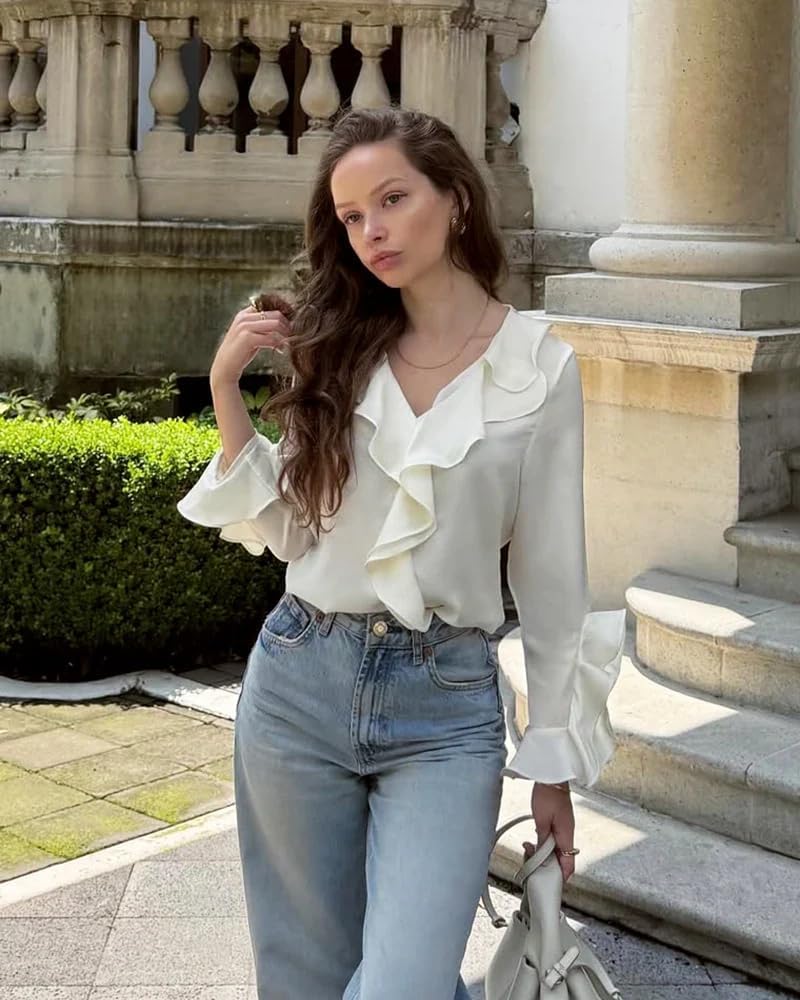 DAISYSILK Women’s Silk Ruffle Blouse, Stretch Silk Charmeuse Long Sleeve V Neck White Work Top - Image 3