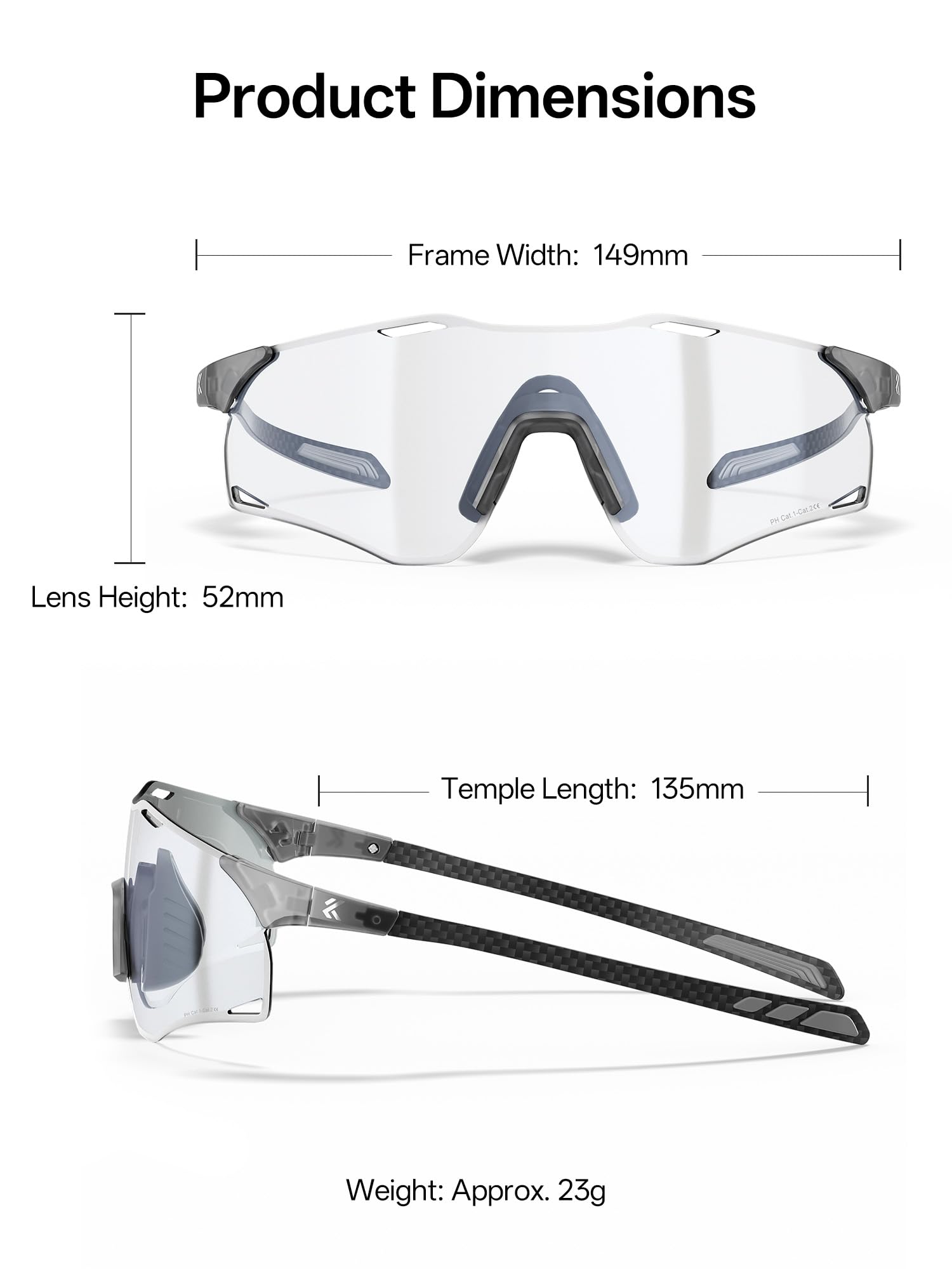 KAPVOE K454I Lunettes de Cyclisme Photochromiques UV400 Branches Carbone | Pour homme et femme, branches légères en fibre de carbone, idéales pour le running, VTT, baseball et pickleball