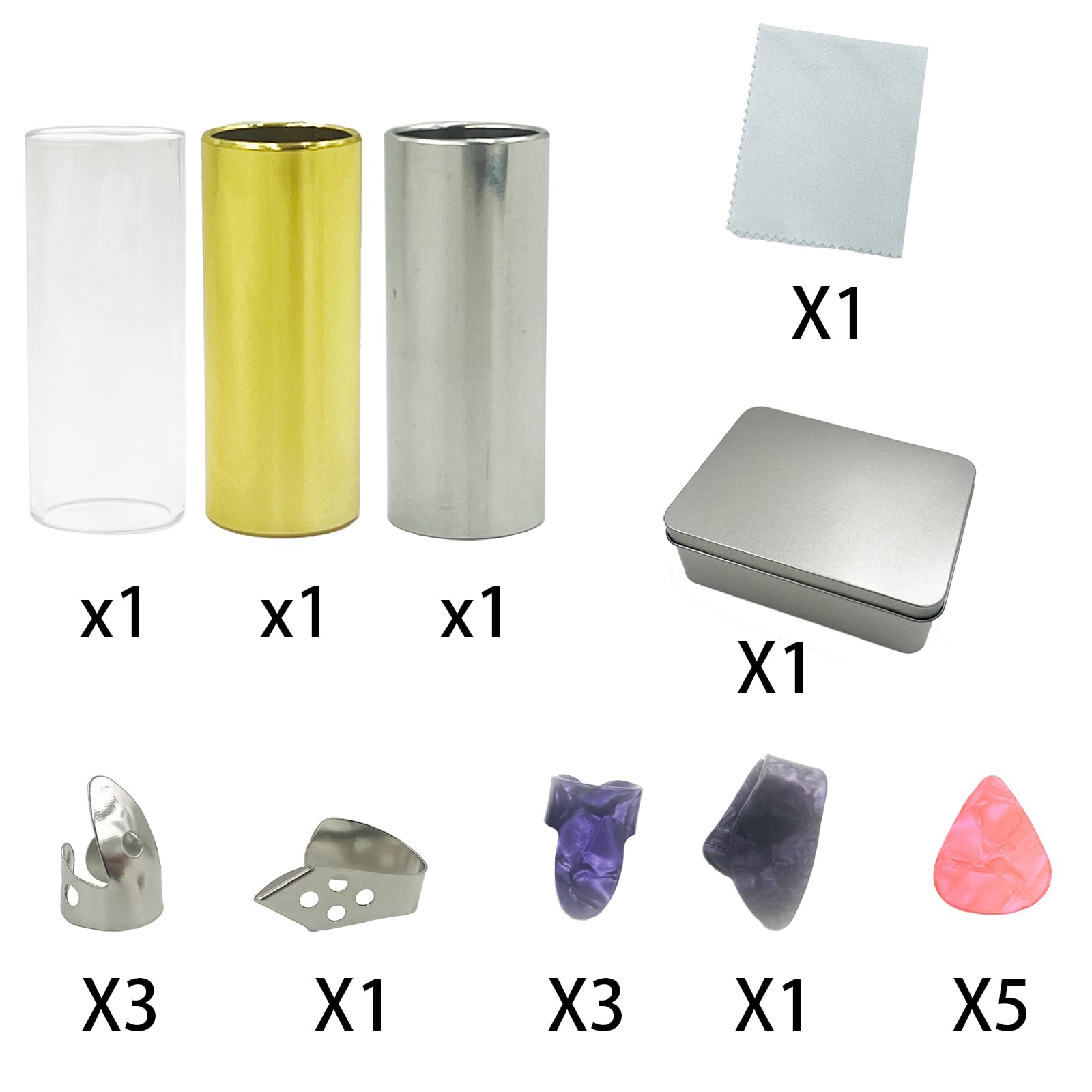 Slide de Guitare - 3 Pièces Glissières (2 Métal et 1 Verre), 8 Médiators (4 Acier Inoxydable, 4 Plastique), Accessoires pour Guitaristes