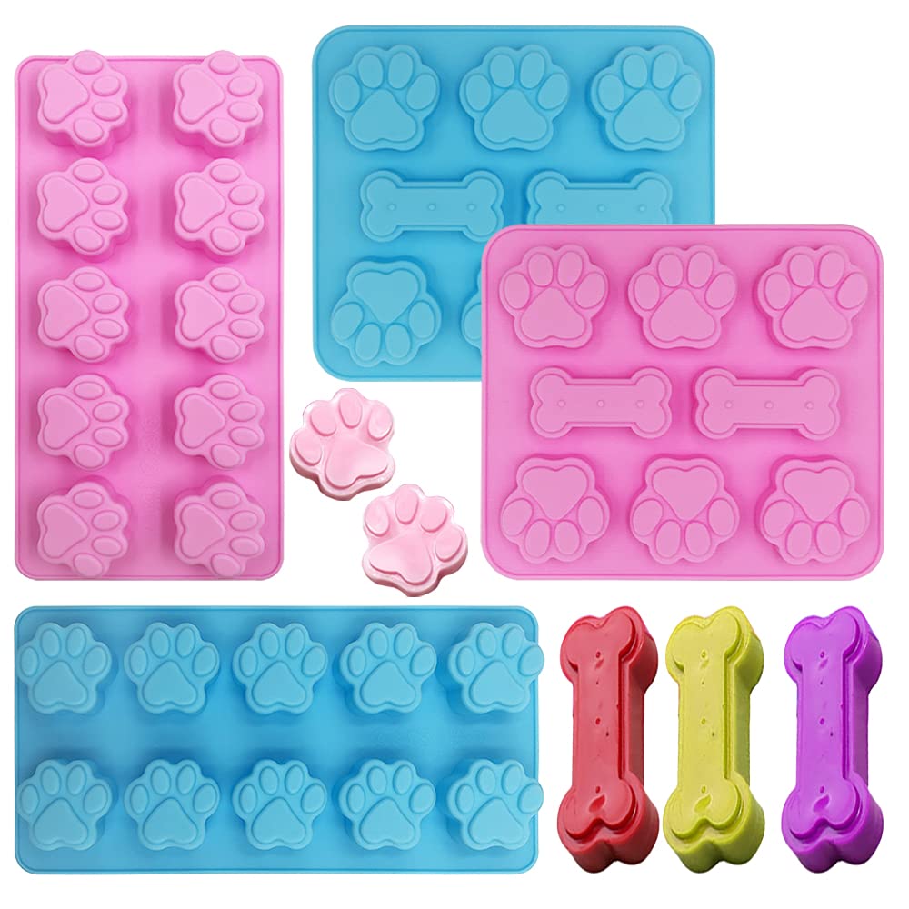 Sonku 4 Pcs Paw Print Bone Shaped Molds, Non-Stick Baking Trays for Making Dog Treats Chocolate Candy Ice Cubes