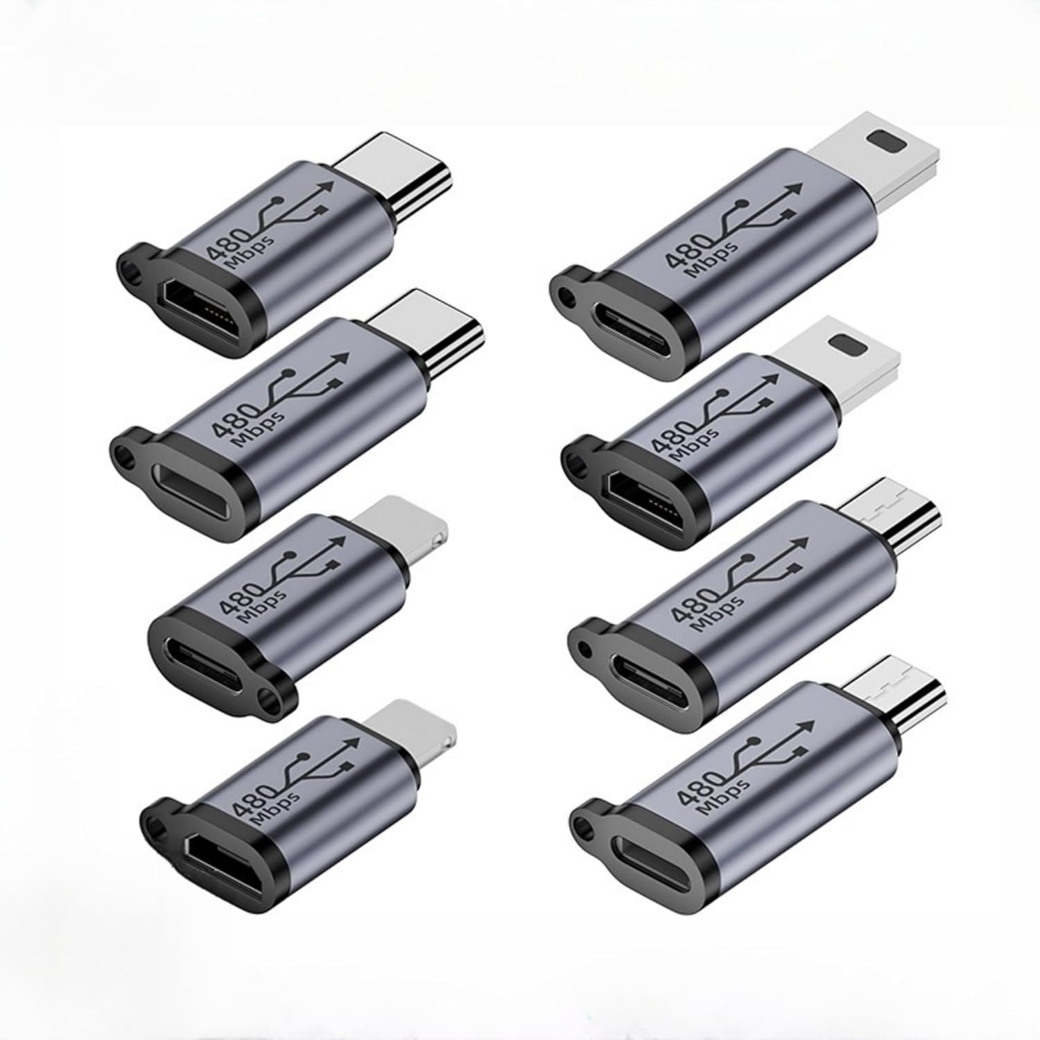 8Pack USB Adapter Kit,USB C/Lighting to Micro USB, Type C/Micro US-B to Lighting, Micro USB/Lighting to USBC, USBC/Micro USB to Mini USB Adapter, 480Mb for Phone/PC etc