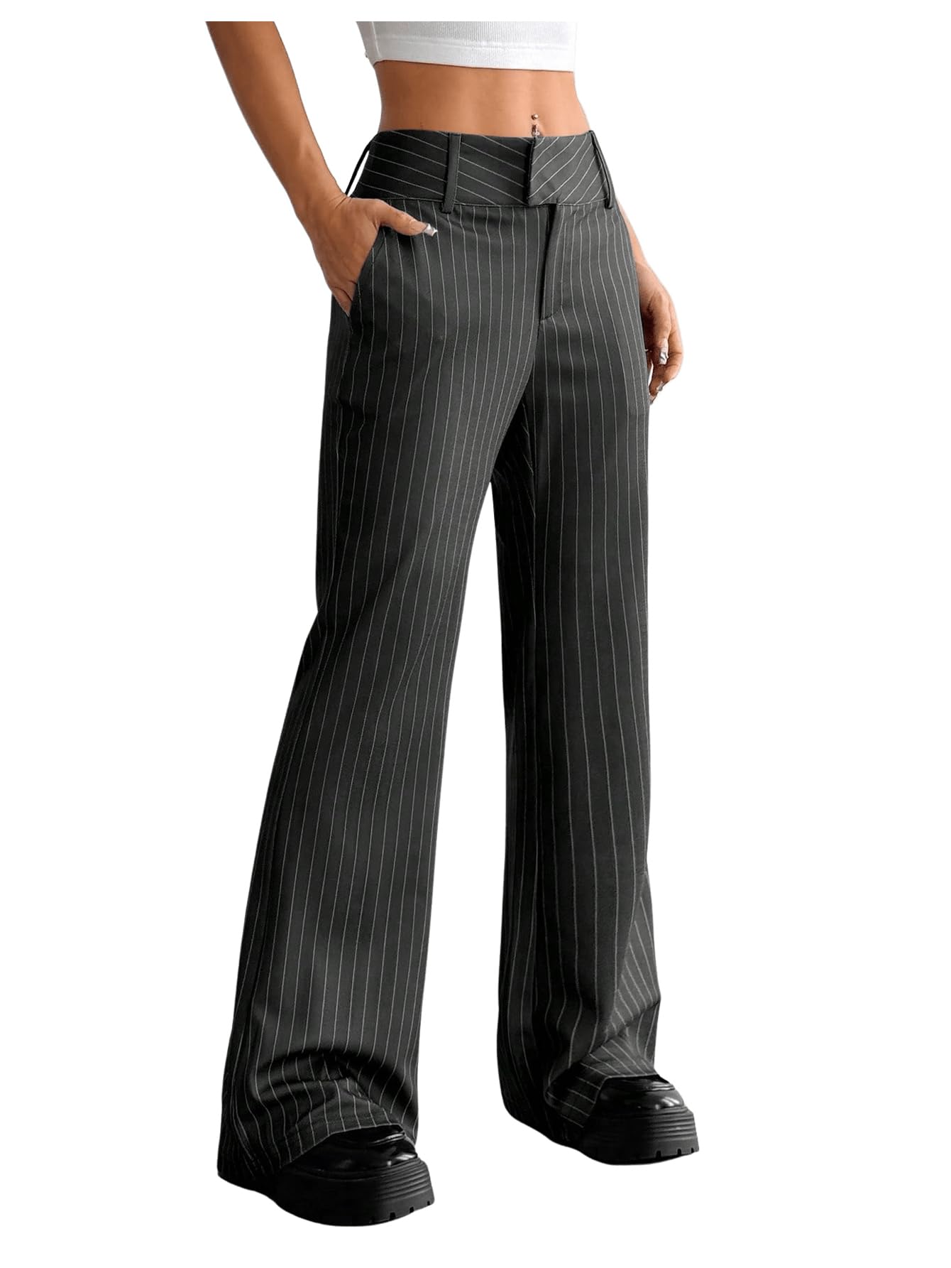 MakeMeChic Womens Pinstripe Pants Straight Leg Work Office Striped Long Trousers