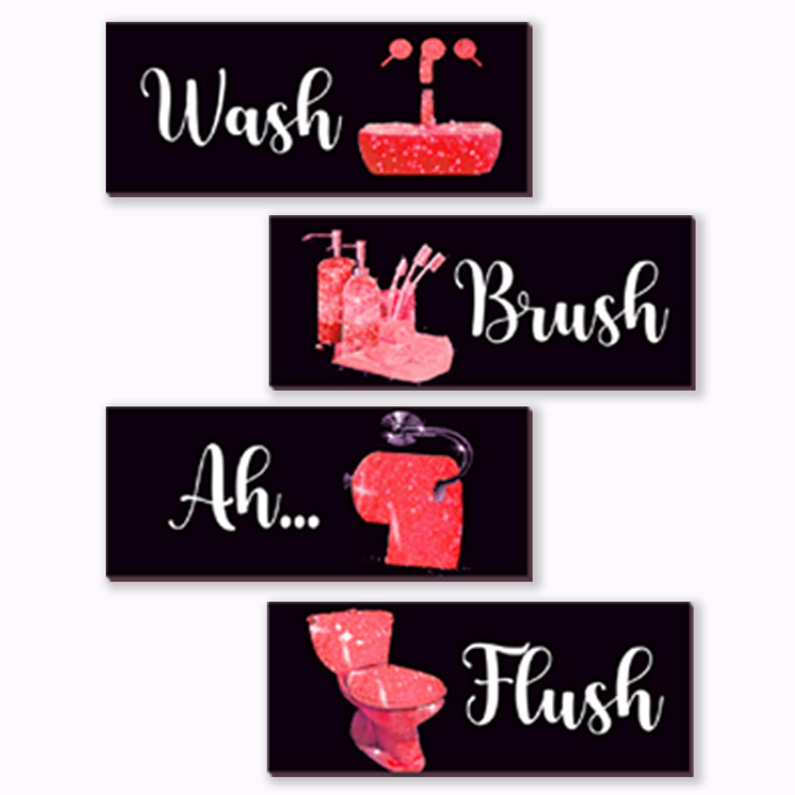 FENCORDAR 4 Pcs Red Bathroom Decor Funny Red And Black Bathroom Decor Wooden Modern Funny Glitter for Home Toilet Decoration(10x4")