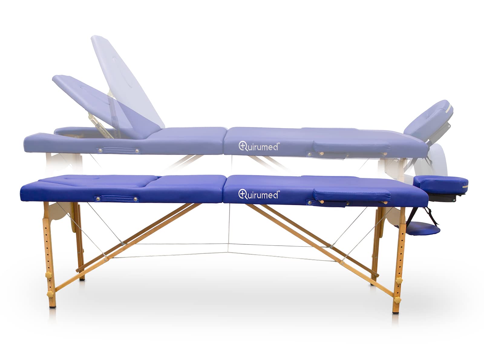 QUIRUMED Lettino pieghevole in legno Pro, 194 x 70 cm, con schienale ribaltabile, colore blu, ecopelle, foro viso, testa rimovibile, altezza regolabile, fino a 150 kg