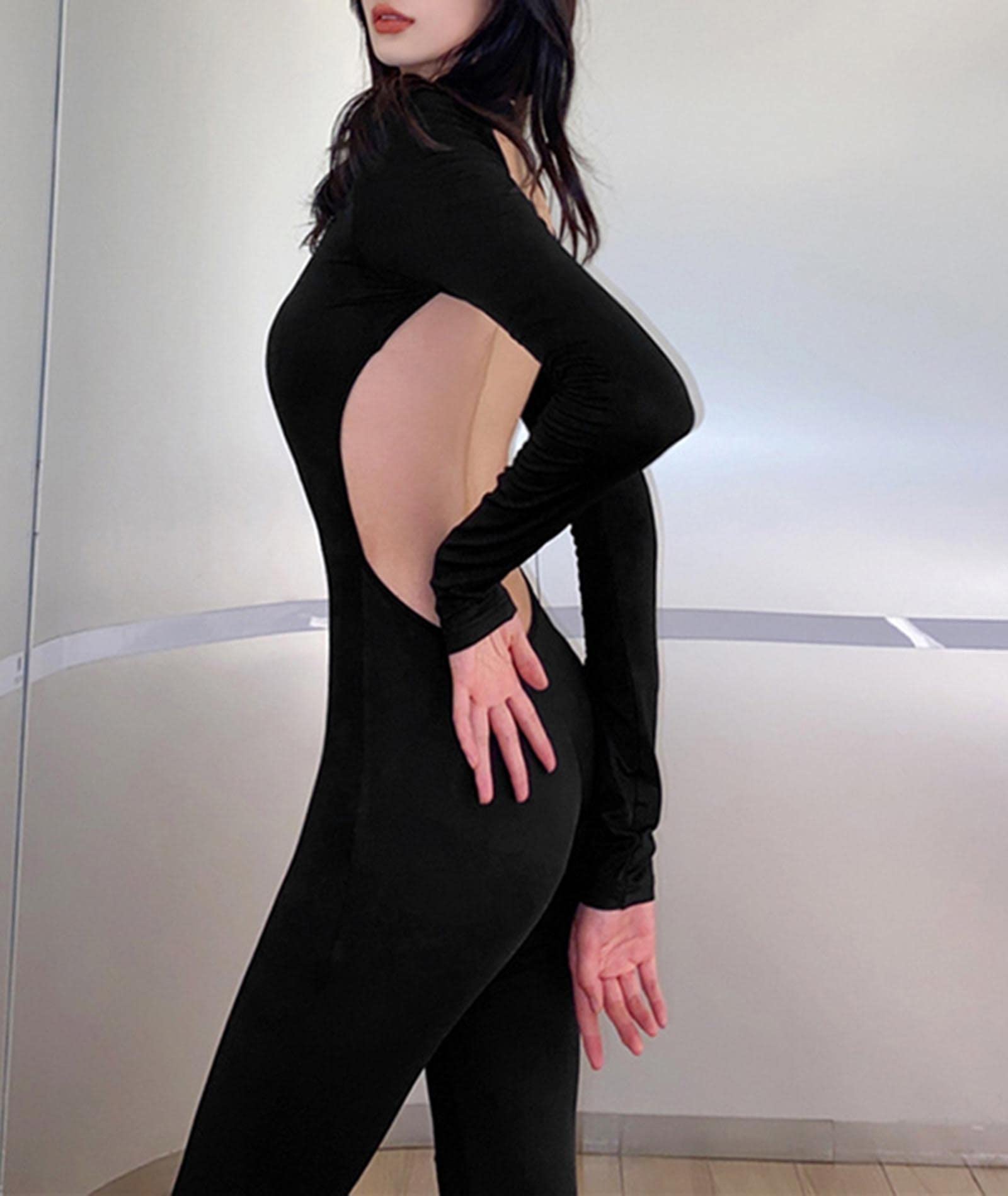 SOMTHRON Combinaison moulante sexy dos nu à jambes larges et manches longues pour femme