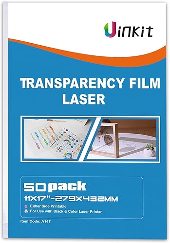 Uinkit Película de transparencia láser OHP de 11 x 17 pulgadas, paquete de 50 hojas de acetato transparentes para proyector láser de chorro de color