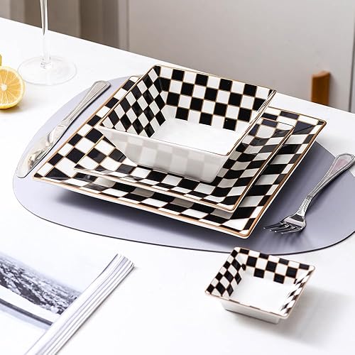 Miniatura 8 de Porlien Juego de vajilla cuadrada de porcelana a cuadros para 4, juego de platos para 4 con platillos de inmersión de 3.3 pulgadas, juego de platos