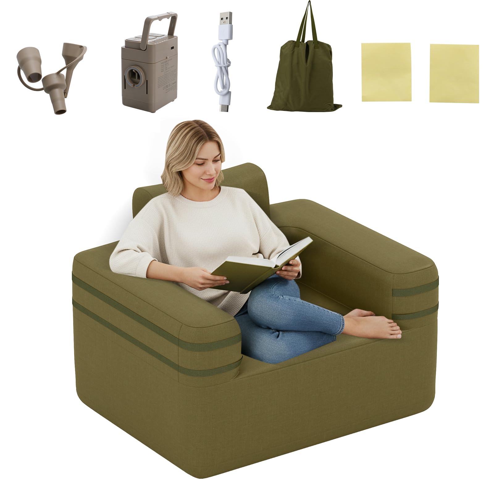 RELAX4LIFE Canapé Gonflable Convertible 1 Place, Fauteuil de Camping Gonflable Extérieur avec Pompe Portable|Sac de Transport|Sangles Latérales pour Camping, Voyages, Fêtes 176 x 84 x 81 cm