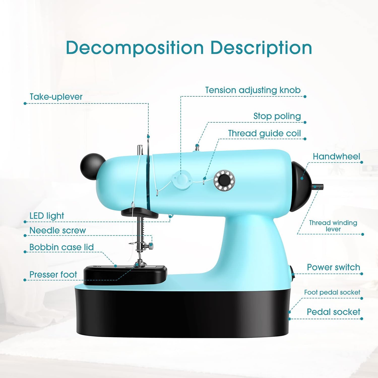 Mini máquina de coser eléctrica con mesa de extensión para manualidades | Cuenta con control de doble velocidad y pedal de pie. Cose hasta 6 capas de mezclilla. Perfecta para decoración