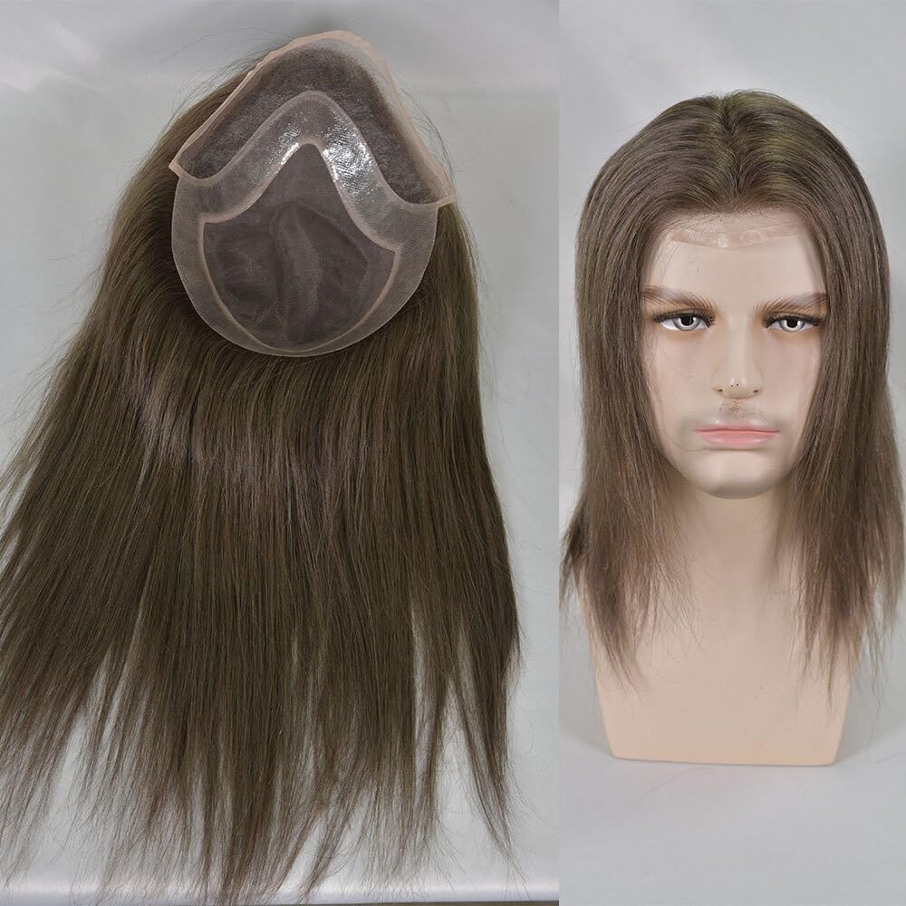 Tupecik męski Swiss Lace Front Men Toupee 8"x10" Mono PU Hairpiece 12" Long Human Hair System Units Treski(#4 Color)